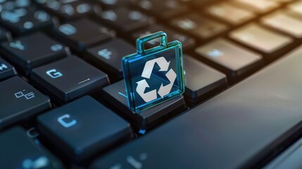 Ecological technology concept. Green recycle button on black keyboard. Recycle zero waste eco-friendly technology.