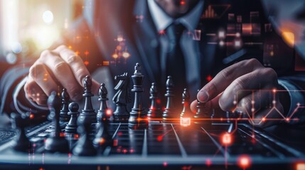 Businessman holding and throwing golden king chess to target for business winner with successfully in the competition with technology network background. Management and leadership strategy concept.