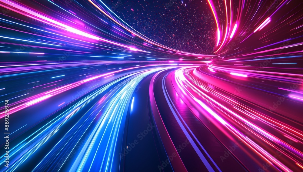 Poster futuristic glowing neon lights in vibrant colors form a curved tunnel with a starry background