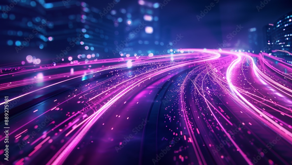 Poster futuristic glowing neon lights in vibrant colors form a curved tunnel with a starry background