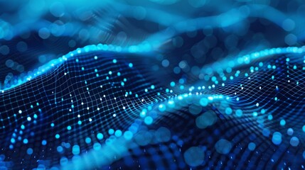 Waves of dots and lines weave Abstract blue background for designs on topics of cyberspace, big data, metaverse, network security, data transfer on dark blue abstract cyberspace background.