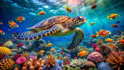 Obraz premium Vibrant coral reef teems with diverse marine life as a majestic hawksbill turtle glides effortlessly through the crystal-clear turquoise waters, surrounded by colorful fish and seaweed.