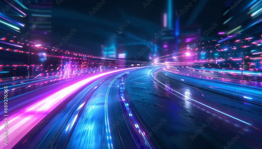 Poster Futuristic glowing neon lights in vibrant colors form a curved tunnel with a starry background