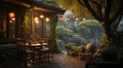 Serene Traditional Asian Garden at Dusk with Lanterns