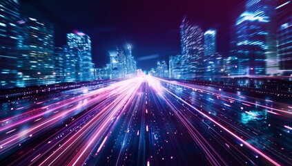 Futuristic glowing neon lights in vibrant colors form a curved tunnel with a starry background