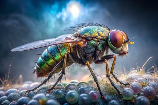 Mystical photograph of a majestic maggot fly perched beside a misty view, showcasing its iridescent body in exquisite close-up detail, exuding eerie mystique.
