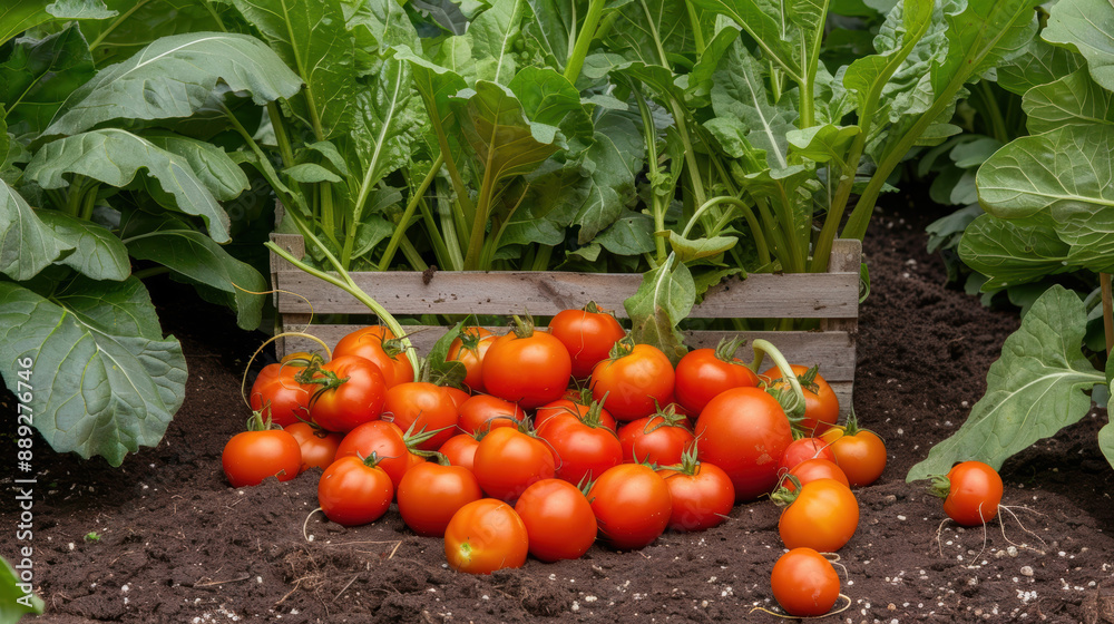 Sticker a crate full of ripe tomatoes sits in a garden