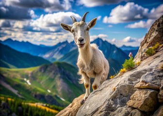 Obraz premium A carefree goat with an amusing smirk scales a rugged mountain outcropping, its playful demeanor illuminating the scenic wilderness with infectious joy and lightheartedness.