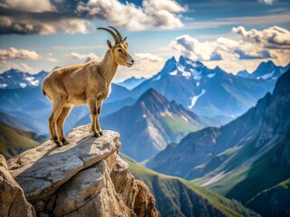 Obraz premium Majestic mountain goat stands calm and confident on a rocky outcrop, surveying breathtaking landscape below with a regal presence, surrounded by rugged peaks and valleys.