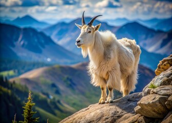 Obraz premium Majestic mountain goat stands peacefully on rugged rocky terrain, its gentle facial expression and calm demeanor radiating serenity as it gazes into the distance.