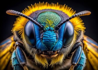 Vibrant blue carpenter bee's intricately textured head, adorned with yellow and black hairs, fills the frame in a stunning extreme close-up against a soft black background.