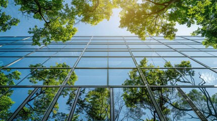 Reflection of modern building on glass with sunlight. Eco architecture. Green wood and glass office building. The harmony of nature and modernity.