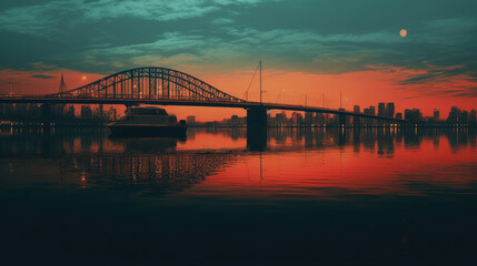 Obraz premium Sunset Cityscape with Majestic Bridge Reflection