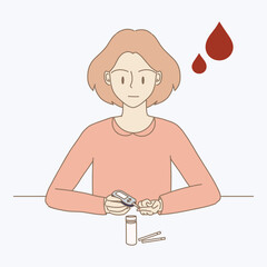 Young woman testing blood for glucose, sugar level with glucometer. Hand drawn flat cartoon character vector illustration.