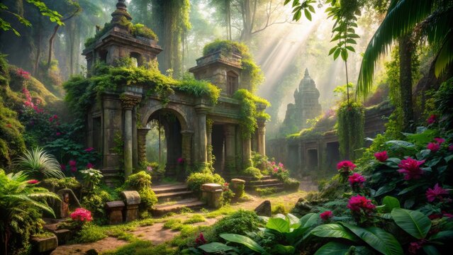 Ancient crumbling stone structures overgrown with vibrant green foliage and exotic flowers in a mystical tropical jungle with misty atmosphere and dappled light filtering through.