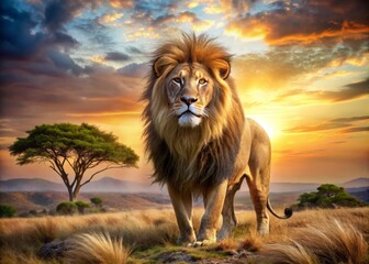 A majestic male lion with sleek modern design elements stands proudly against a stunning double exposure background of vibrant African jungle and sweeping savanna landscape.