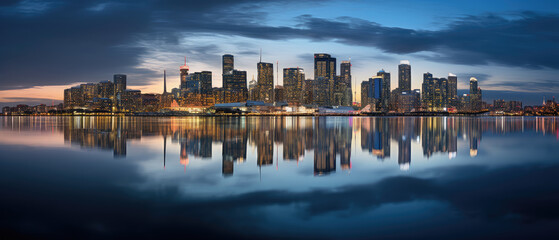 Fototapeta premium Urban Twilight: Panoramic Cityscape with Reflection