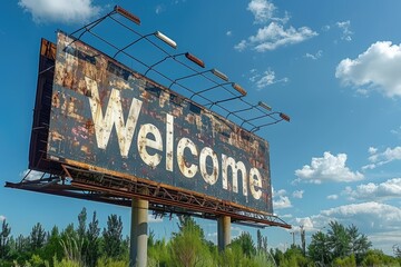 Obraz premium Welcome sign in the middle of an overgrown field