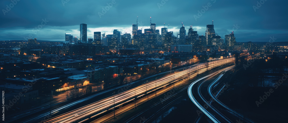 Wall mural dusk over urban dreamscape: city lights and motion