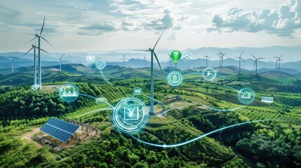 Image of financial data processing over wind turbines and solar panel. global business, finances and digital interface concept digitally generated image.