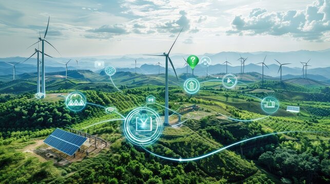 Image of financial data processing over wind turbines and solar panel. global business, finances and digital interface concept digitally generated image. - Powered by Adobe