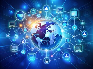 Global digital marketing and e-commerce concept banner featuring a stylized illustration of interconnected devices, servers, and social media icons on a vibrant blue background.