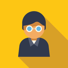 Minimalist flat design illustration of a man with glasses and dark hair wearing a dark blue shirt on a yellow background