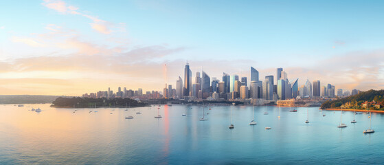 Naklejka premium Serene Harbor Sunset Cityscape Panorama