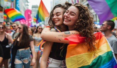 Fototapeta premium LGBTI Pride Week In their show, two women hug and kiss each other