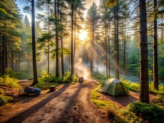 Obraz premium Serene morning mist rises over a tranquil forest, with a winding dirt trail and rustic camping gear, beckoning adventure and discovery in the great outdoors.