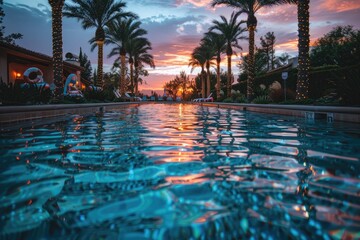 Tranquil evening by the pool with palm trees and a beautiful sunset