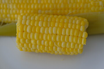 yellow corn on a white plate. boiled yellow corn on white plate and white table
