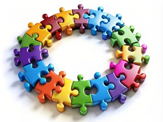 Diverse interconnected puzzle pieces forming a circle, symbolizing unity, cooperation, and harmony, conveying a strong message of teamwork and collaboration in business success.