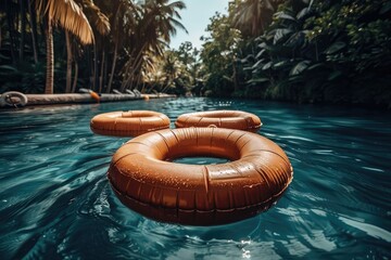 Three orange inflatable rings floating in a blue water swimming pool surrounded by lush green palm trees
