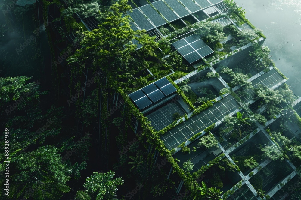 Poster a unique building with lush plants and foliage covering its exterior walls, perfect for use in illus