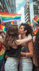 Obraz premium LGBTI Pride Week In their show, two women hug and kiss each other