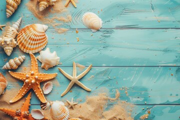 Seashells and starfish on a blue wooden background in a beach scene concept