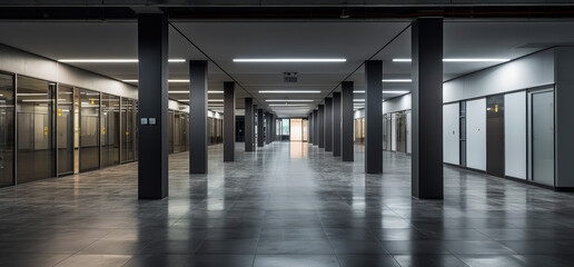 Obraz premium Modern Empty Office Corridor with Glass Panels