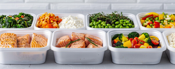 A row of plastic containers with various types of food, including vegetables