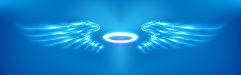 Light cyan angel wings on blue background. Glowing fantasy, Valentines day attribute. Inscription love. Happy greeting card silhouette illuminated luxury glow. Vector illustration Eps 10