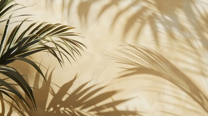 Obraz premium Product placement background with palm shadow on beige plaster wall Luxury summer architecture interior aesthetic Boho home room for product platform stage mockup: Stock