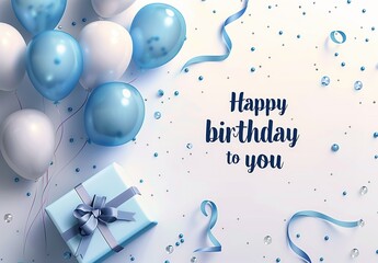 Happy Birthday card design with text " Happy birthday to you ", blue balloons, gift box and ribbon isolated on white background 
