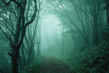 Obraz premium A misty forest road surrounded by trees and dense fog