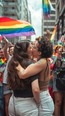 Obraz premium LGBTI Pride Week In their show, two women hug and kiss each other