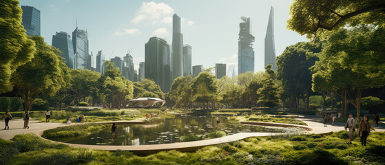 Fototapeta premium Urban Park with Futuristic City Skyline