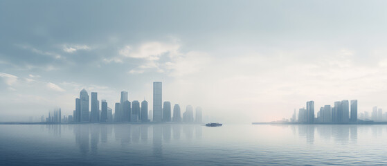 Naklejka premium Misty Waterfront City Skyline