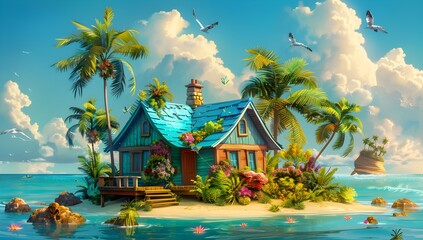 Illustration of beautiful beach with luxury house in the island.