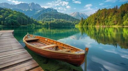 Photograph of a wooden boat moored next to an old wooden pier in the evening with mountains in the background. Forest reflection in green water. Beautiful sunny day.