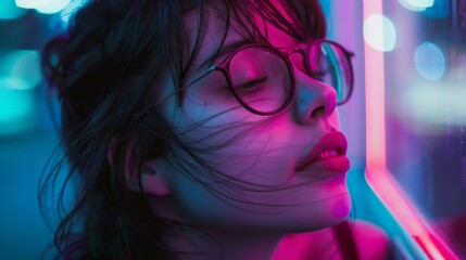 Obraz premium Portrait of a Woman in Neon Cityscape