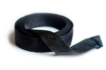 A close-up view of a black strap lying on a white surface, suitable for use in designs or as a texture